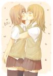  2girls black_legwear black_skirt blush brown_hair closed_eyes english foomi heart heart_background highres hug kiss multiple_girls original school_uniform sepia_background shirt short_hair skirt standing surprised sweater_vest thighhighs white_shirt yuri zettai_ryouiki 