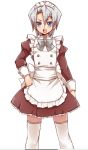  1boy apron blue_eyes character_request copyright_request crossdressinging dress grey_hair looking_at_viewer maid male open_mouth simple_background solo thigh-highs tobi_(one) white_background zettai_ryouiki 