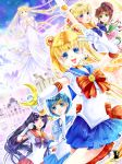  6+girls :d aino_minako arm_up artemis_(sailor_moon) bishoujo_senshi_sailor_moon black_hair blonde_hair blue_eyes blue_hair blue_skirt bow brooch brown_hair castle choker double_bun dress dual_persona earrings elbow_gloves gloves green_eyes hair_ornament hairpin half_updo hands_clasped hino_rei jewelry kino_makoto long_hair luna_(sailor_moon) magical_girl mizuno_ami moon_stick multiple_girls open_mouth orange_skirt ponytail princess_serenity red_skirt ribbon sailor_collar sailor_jupiter sailor_mars sailor_mercury sailor_moon sailor_venus short_hair skirt smile tenma_ako tiara tsukino_usagi twintails v violet_eyes white_dress white_gloves 