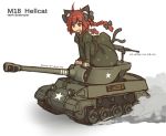  1girl ahoge animal_ears bow braid cat_ears cat_tail caterpillar_tracks dress fang hair_bow kaenbyou_rin long_hair military military_vehicle multiple_tails open_mouth red_eyes redhead solo tail tank touhou twin_braids vehicle xiao_qiang_(overseas) 