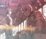  1boy 1girl door from_side hand_on_hip hands_in_lap holding_paper ladic lens_flare light monochrome original science_fiction shorts sitting standing train train_interior window 
