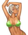  1girl armpits arms_up bikini breasts cleavage dark_skin front-tie_top goemon23 highres looking_at_viewer navel original parted_lips pink_eyes short_hair solo swimsuit white_background white_hair 