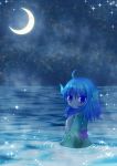  1girl absurdres ahoge blue_eyes blue_hair blush crescent_moon hand_on_own_chest head_fins highres japanese_clothes kimono lake light_smile long_sleeves looking_at_viewer luna_1025 moon night obi outdoors partially_submerged ripples sash short_hair sky solo sparkle star_(sky) starry_sky touhou wakasagihime 