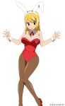  1girl animal_ears blonde blush brown_eyes bunny_girl bunny_hood cleavage embarrassed fairy_tail heart high_heels highres large_breasts leotard long_hair lucy_heartfilia pantyhose rabbit_ears solo transparent_background wrist_cuffs 