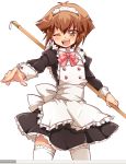  1boy apron blush brown_eyes brown_hair crossdressinging dress looking_at_viewer maid male open_mouth short_hair simple_background solo thigh-highs tobi_(one) trap white_background wink yuu-gi-ou yuu-gi-ou_gx yuuki_juudai 