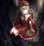  1girl boots bow chain cross-laced_footwear departed dress feet_in_water frills from_above front_ponytail green_eyes green_hair hair_bow hair_ribbon kagiyama_hina long_hair looking_at_viewer looking_up red_dress ribbon sitting smile soaking_feet solo touhou water 