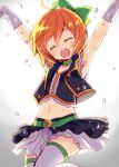  1girl ahoge armpits arms_up bow closed_eyes gloves hair_bow hoshizora_rin love_live!_school_idol_project midriff minamura_haruki navel open_mouth orange_hair short_hair skirt smile solo thigh-highs white_gloves white_legwear zettai_ryouiki 