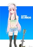  1girl bare_shoulders black_legwear breasts cleavage denim denim_shorts guitar headphones highleg highleg_panties highres instrument large_breasts long_hair looking_at_viewer midriff nitroplus panties pink_eyes pink_hair see-through shorts solo super_sonico thigh-highs underwear 