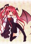  1girl absurdres black_legwear bow demon_wings hair_bow head_wings highres koakuma long_hair mouth_hold red_eyes redhead ribbon_in_mouth solo touhou twintails very_long_hair wings yucchan_(drizzle_star) 