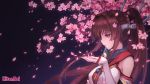  1girl blowing brown_hair cherry_blossoms highres hiten_goane_ryu kantai_collection long_hair long_sleeves personification petals pink_eyes ponytail solo yamato_(kantai_collection) 