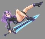  1girl adult_neptune ankle_boots arceonn blush boots brown_eyes brown_hair choujigen_game_neptune d-pad falling glowing glowing_sword glowing_weapon grey_background hair_ornament huge_weapon jacket long_hair solo sword thigh_strap weapon 