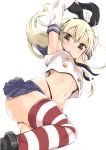  arms_up blonde_hair brown_eyes elbow_gloves gloves kantai_collection kimura_neito long_hair looking_at_viewer navel shimakaze_(kantai_collection) simple_background skirt striped striped_legwear thigh-highs thighs white_background white_gloves 