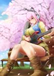  1girl bench blush breasts guitar guitar_case headphones highres instrument instrument_case large_breasts long_hair nitroplus petals pink_hair playing_instrument red_eyes shorts sitting solo super_sonico 