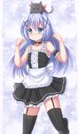  &gt;_&lt; 1girl alternate_costume belt blue_eyes blue_hair blush cat collar enmaided garter_straps gochuumon_wa_usagi_desuka? hair_ornament highres kafuu_chino kazenokaze long_hair maid nichijou sakamoto_(nichijou) sleeveless thigh-highs 