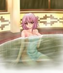    1girl bare_shoulders bath bathroom breasts guilty_crown long_hair looking_at_viewer naked_towel open_mouth pink_hair red_eyes saw_(artist) solo steam towel yuzuriha_inori 