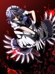  1girl blood blood_on_face blood_splatter bloody_clothes bow braid floral_print flower gloves hair_bow highres izayoi_sakuya knife maid maid_headdress red_eyes ribbon rihito_(usazukin) rose short_hair silver_hair smile solo touhou twin_braids 