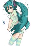  1girl blush butt_crack character_name hatsune_miku highres long_hair looking_at_viewer mouth_hold panties solo striped striped_legwear toothbrush toothpaste twintails underwear very_long_hair vocaloid white_background yashigani_(08114) 