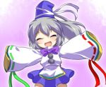 1girl :d bow closed_eyes dairi hat hat_ribbon incoming_hug long_sleeves mononobe_no_futo open_mouth outstretched_arms ponytail ribbon ribbon-trimmed_sleeves ribbon_trim shirt silver_hair skirt smile solo touhou wide_sleeves 