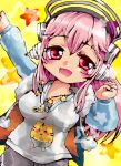  1girl breasts chibi cleavage headphones large_breasts long_hair looking_at_viewer nitroplus open_mouth pink_eyes pink_hair pom_pom_(clothes) smile super_sonico 