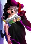  1boy 1girl against_wall barefoot black_hair blue_eyes breasts claude_frollo cleavage dark_skin disney earrings esmeralda_(disney) gypsy hat hoop_earrings jewelry leg_lift long_hair long_skirt marimo_(yousei_ranbu) off-shoulder_shirt sash silver_hair skirt the_hunchback_of_notre_dame 