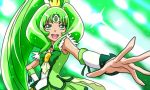  1girl bowtie brooch cure_march funanaga_nemoro green_background green_eyes green_hair green_skirt jewelry long_hair magical_girl midorikawa_nao outstretched_hand ponytail precure skirt smile smile_precure! solo tri_tails wrist_cuffs 