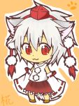  1girl :3 animal_ears bare_shoulders detached_sleeves hat inubashiri_momiji looking_at_viewer pom_pom_(clothes) red_eyes red_skirt shirt short_hair silver_hair skirt smile solo tokin_hat touhou white_shirt 