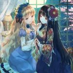  2girls black_hair blonde_hair blue_eyes blush bow butterfly cherry_blossoms curtains dress flower hair_bow hair_flower hair_ornament head_wreath japanese_clothes kimono lamp long_hair long_sleeves multiple_girls namanie original petals red_eyes smile window 