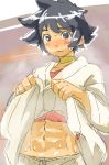  1girl abs bad_id black_hair blush crop_top dougi karate_gi makoto navel satsuyo scarf shirt_lift short_hair solo street_fighter sweat 