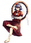  1girl breasts crossed_arms crossed_legs dress fuuna_(conclusion) hair_ornament highres long_sleeves looking_at_viewer mirror open_mouth purple_hair red_dress red_eyes rope sandals shimenawa short_hair smile solo touhou white_background yasaka_kanako 