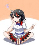  1girl blush bow butterfly_sitting frown head_rest highres horns kijin_seija layered_dress looking_away multicolored_hair patterned_background red_eyes sandals shadow short_hair solo squiggle ten203159 touhou v white_background 