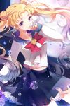  bishoujo_senshi_sailor_moon blonde_hair blue_eyes brooch crystal double_bun finger_to_mouth highres jewelry lace moon sailor_moon school_uniform skirt space sparkle tsukino_usagi tukino_(panna) twintails 