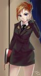  1girl blonde_hair blue_eyes folded_ponytail highres looking_at_viewer military military_uniform natalia_poklonskaya necktie no_legwear real_life saramoka short_hair solo uniform 