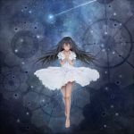  1girl aymraaa barefoot black_hair captain_earth closed_eyes dark_skin dress hands_clasped long_hair mutou_hana praying shooting_star solo star sundress 