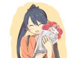  1girl black_hair bouquet closed_eyes flower houshou_(kantai_collection) japanese_clothes jewelry kantai_collection long_hair mother&#039;s_day open_mouth personification ponytail ring shimotsuki_iko smile solo wedding_band 