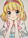  1girl alice_margatroid blonde_hair blue_eyes blush_stickers bust capelet colored_pencil_(medium) grey_background hairband head_rest highres lolita_hairband looking_at_viewer meme-tan_(bana_nan26) ribbon short_hair simple_background smile solo touhou traditional_media 