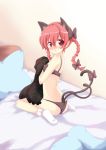  1girl animal_ears bed bow bra braid cat_ears cat_tail dressing hair_bow kaenbyou_rin looking_at_viewer looking_back massala multiple_tails panties red_eyes redhead short_hair sitting solo tail touhou twin_braids underwear wariza 