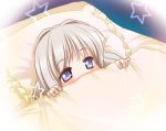  1girl bed blonde_hair blue_eyes blush covering_mouth kozue_akari kusugawa_sasara pillow solo star to_heart_2 under_blanket 