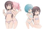  3girls akemi_homura black_hair bra camisole grin hair_ribbon hairband kaname_madoka long_hair mahou_shoujo_madoka_magica midriff miki_sayaka multiple_girls navel panties ribbon samidare short_hair short_twintails simple_background smile twintails underwear violet_eyes white_background wrist_grab 