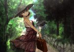  1girl arm_up azuma_(irhnhht527) bare_arms blue_eyes brown_hair building dress hat looking_at_viewer nature original see-through short_hair solo suitcase sun_hat tree wristband 
