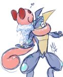  artist_name greninja heart kirby_(series) marshu no_humans open_mouth simple_background sketch smile super_smash_bros. tongue tongue_out water white_background 