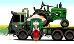  1girl arm_rest artist_name ascot boots chibi czech_flag field flatbed_truck flower flower_field gradient gradient_background green_eyes green_hair hat john_deere kazami_yuuka long_sleeves looking_at_viewer parted_lips plaid plaid_pants plaid_vest rubber_boots shadow short_hair shovel solo sunflower tomozo8674 touhou tractor worktool 