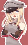  1girl arm_warmers bismarck_(kantai_collection) blonde_hair blue_eyes blush breasts brown_gloves crossed_arms gloves hat highres hiraga_pikurosu kantai_collection long_hair military military_hat military_uniform open_mouth peaked_cap personification solo uniform 