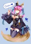  1girl animal_ears bow breasts caster_(fate/extra) cleavage detached_sleeves fate/extra fate/extra_ccc fate_(series) fox_ears fox_tail hair_bow hair_ribbon hat highres japanese_clothes long_hair mini_top_hat pink_hair ribbon solo tail thighhighs top_hat twintails wink yellow_eyes zaregoto8828 