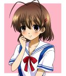  1girl antenna_hair brown_eyes brown_hair clannad furukawa_nagisa miki_(new8) school_uniform serafuku short_hair 