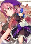  2girls alternate_costume animal_ears bird blue_hair blush brown_eyes bust earrings egasumi head_scarf hinami_(hinatamizu) horns japanese_clothes jewelry kikumon light_smile multicolored_hair multiple_girls mystia_lorelei okamisty pink_hair seigaiha sparrow tokiko_(touhou) touhou two-tone_hair wings 