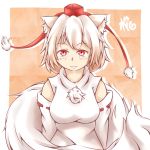  1girl :3 animal_ears bare_shoulders blush breasts detached_sleeves hat inubashiri_momiji large_breasts looking_at_viewer pom_pom_(clothes) shirt short_hair silver_hair solo tail tokin_hat touhou white_shirt wolf_ears wolf_tail 