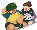  1boy 1girl blush_stickers brown_hair closed_eyes dosu_koi dutch_angle food goalkeeper green_hair inazuma_eleven inazuma_eleven_(series) kabeyama_heigorou onigiri oosaka_gals open_mouth petagon raimon sitting soccer_uniform sportswear white_background 