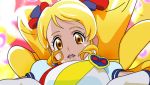  1girl alternate_form blonde_hair brooch brown_eyes cure_honey from_below funanaga_nemoro gloves happinesscharge_precure! jewelry long_hair magical_girl multicolored_background oomori_yuuko popcorn_cheer precure solo twintails 