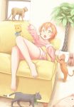  1girl barefoot cat couch dararito highres hoshizora_rin legs love_live!_school_idol_project lying necktie on_back open_mouth orange_hair short_hair solo yellow_eyes 