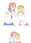  2girls blonde_hair blush couple fukuji_mihoko kiss multiple_girls redhead saki school_uniform short_hair skirt takei_hisa yuri 